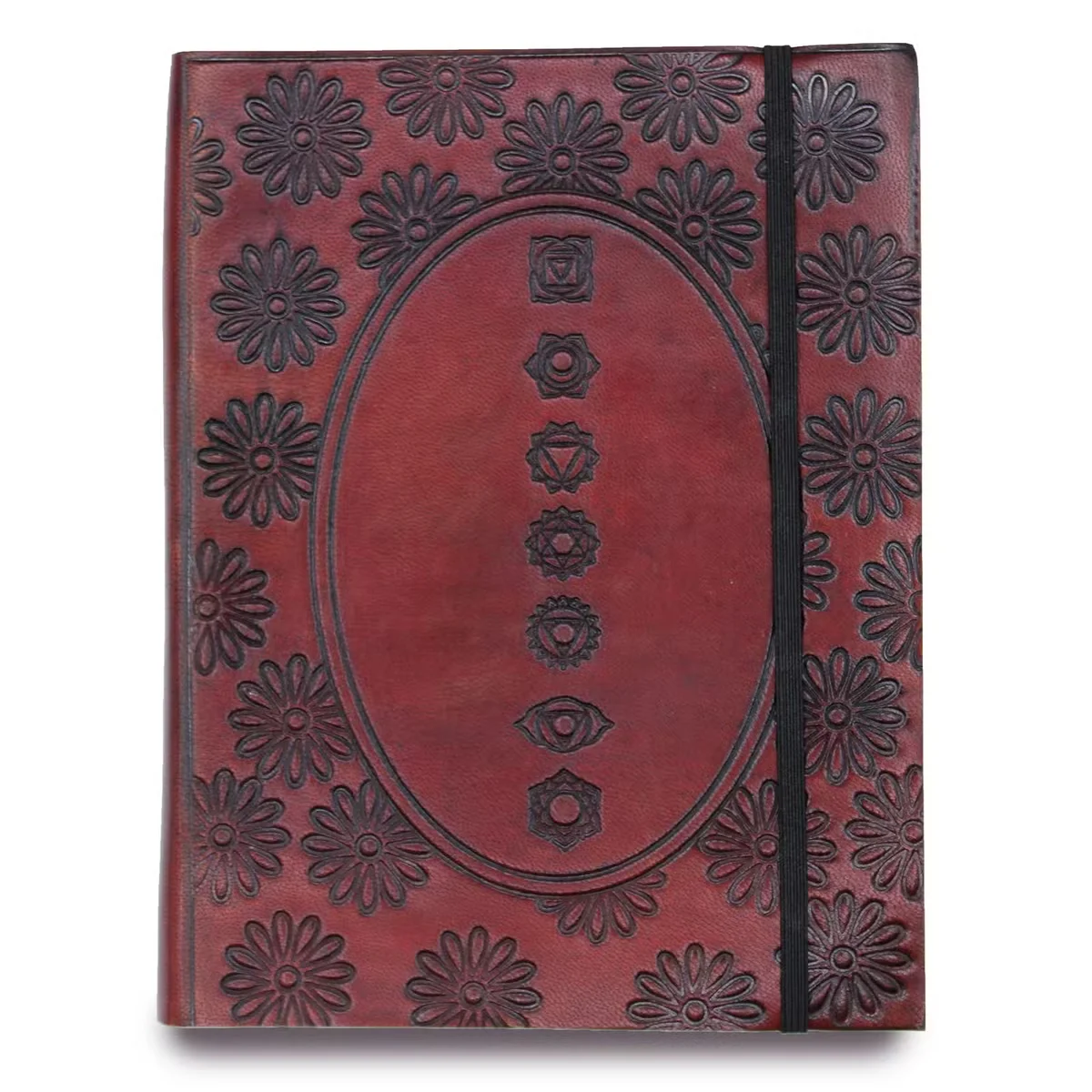 Medium sized notebook with chakra mandala cover design and a strap closure on a plain background
