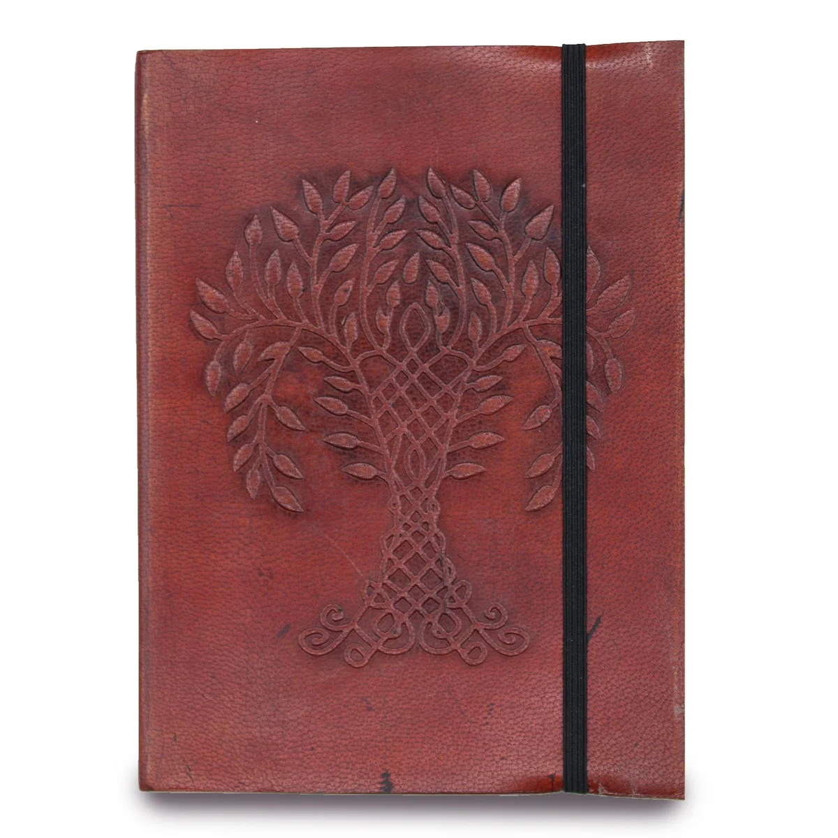 Small notebook with strap featuring a Tree of Life design on the cover, closed and resting on a white background