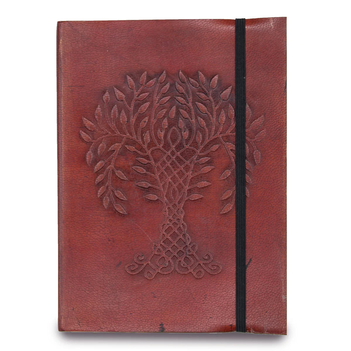 Compact writing notebook featuring a Tree of Life design and a secure strap closure on the cover