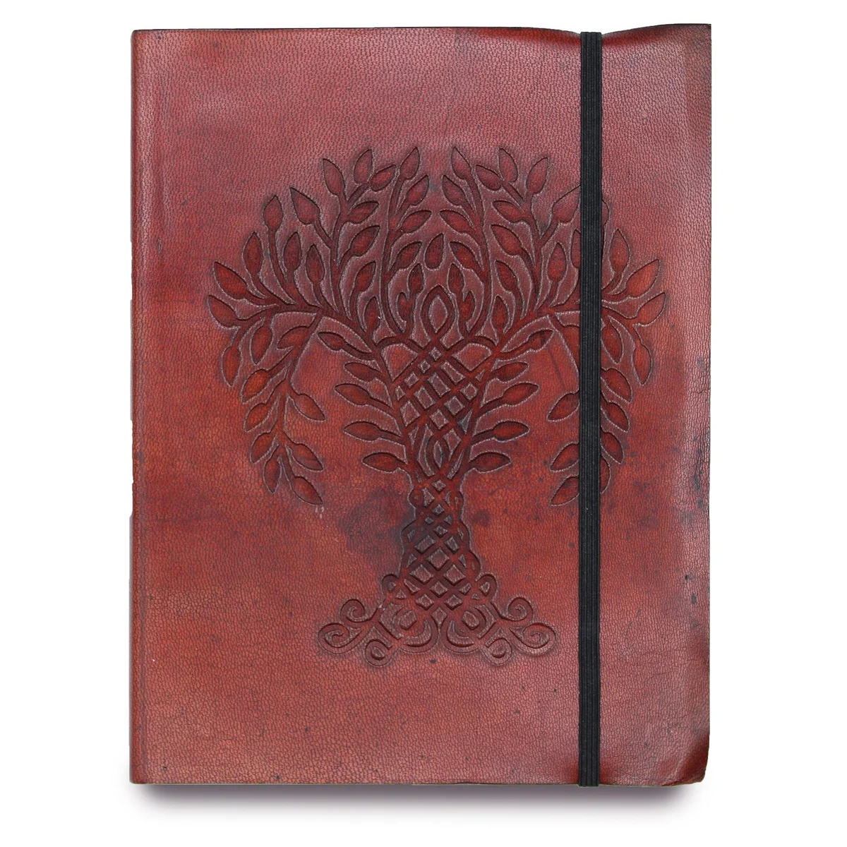 Medium notebook with strap featuring a Tree of Life design on the cover, closed and lying flat on a white background
