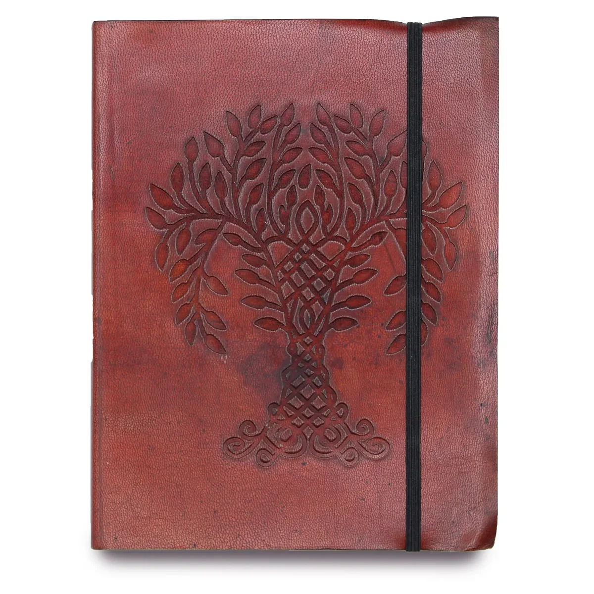 Medium notebook with strap featuring an embossed tree of life design on the cover, closed and angled view