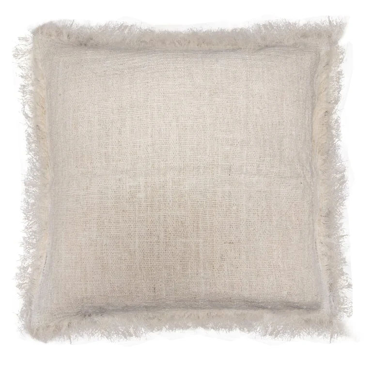Linen cushion cover 45x45cm, textured beige fabric with fringe trim, showcasing a cozy square accent.