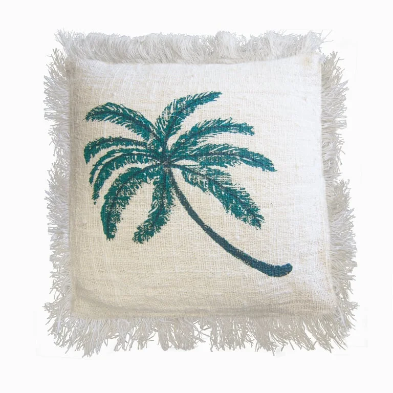 Linen cushion cover with palm tree pattern and fringe, 45x45 cm size