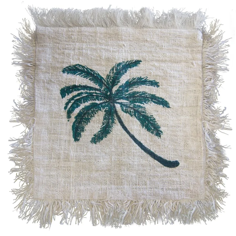 45x45cm cushion cover in linen featuring a palm tree print and decorative fringe