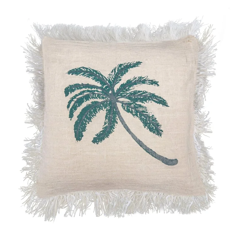 Linen cushion cover 60x60cm with palm tree pattern and fringe.