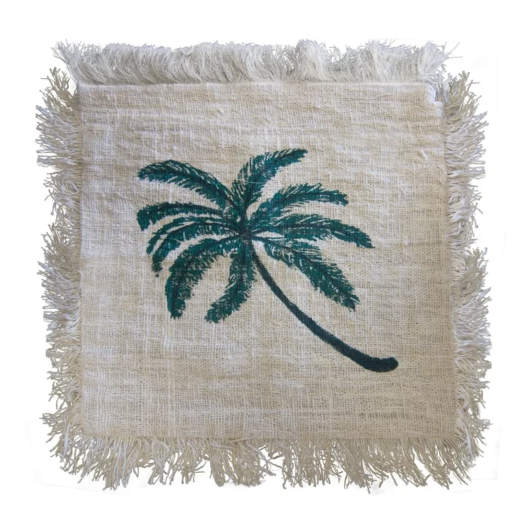 Linen cushion cover with fringe depicting a palm tree pattern, measuring 60x60cm