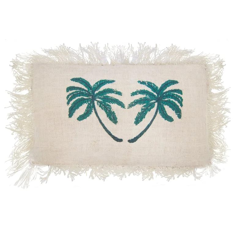 Linen cushion cover in 30x50cm size, featuring a palm tree design with fringe edges.