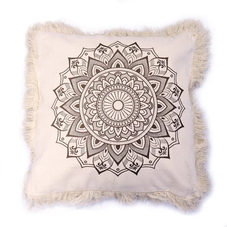 Bronze cushion cover with lotus mandala design, 60x60cm, displayed flat to show texture and pattern.
