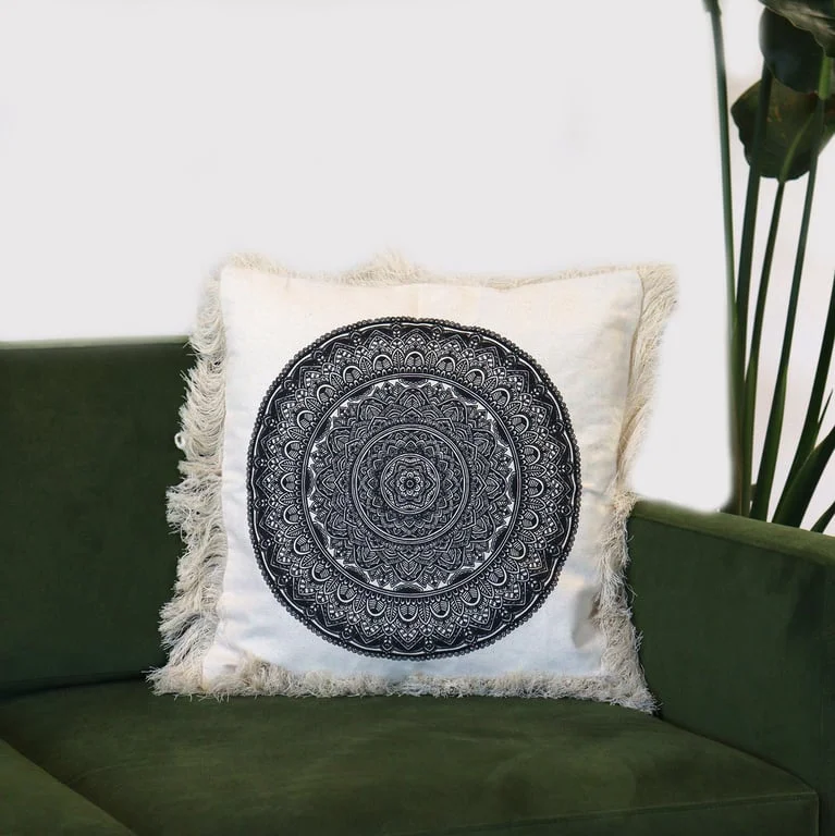 Black cushion cover featuring a traditional mandala design, square 45x45cm