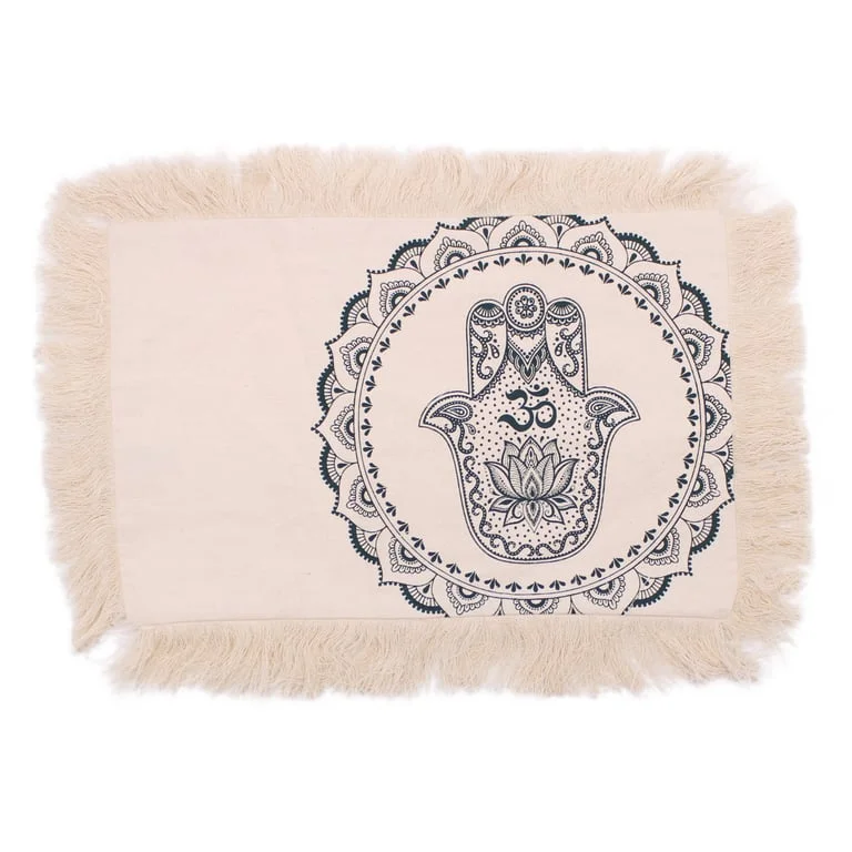 Hamsa mandala cushion cover in green, 30x50cm, featuring a patterned hand motif.