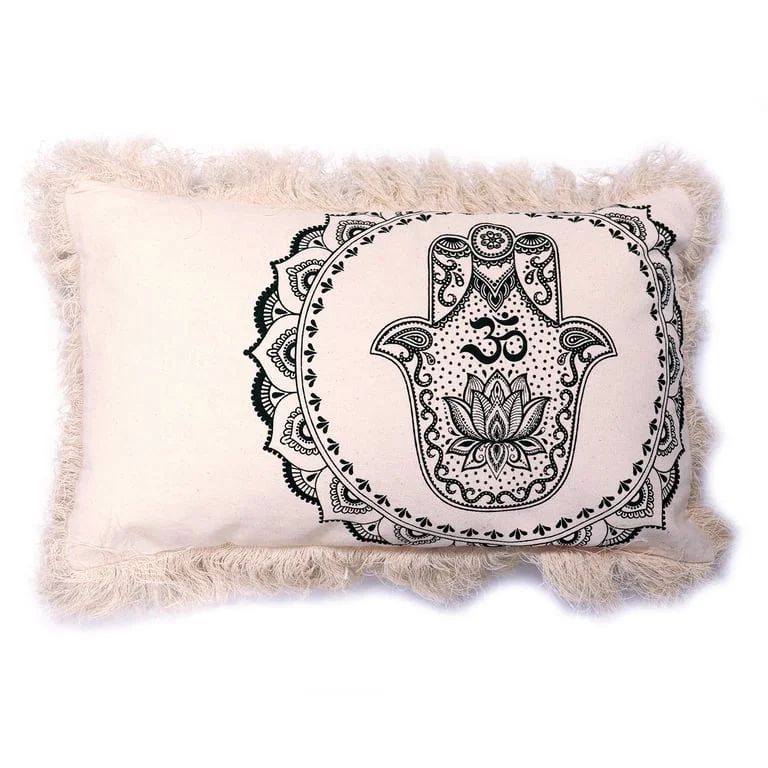 Green cushion cover showcasing a Hamsa mandala pattern in colourful geometric design