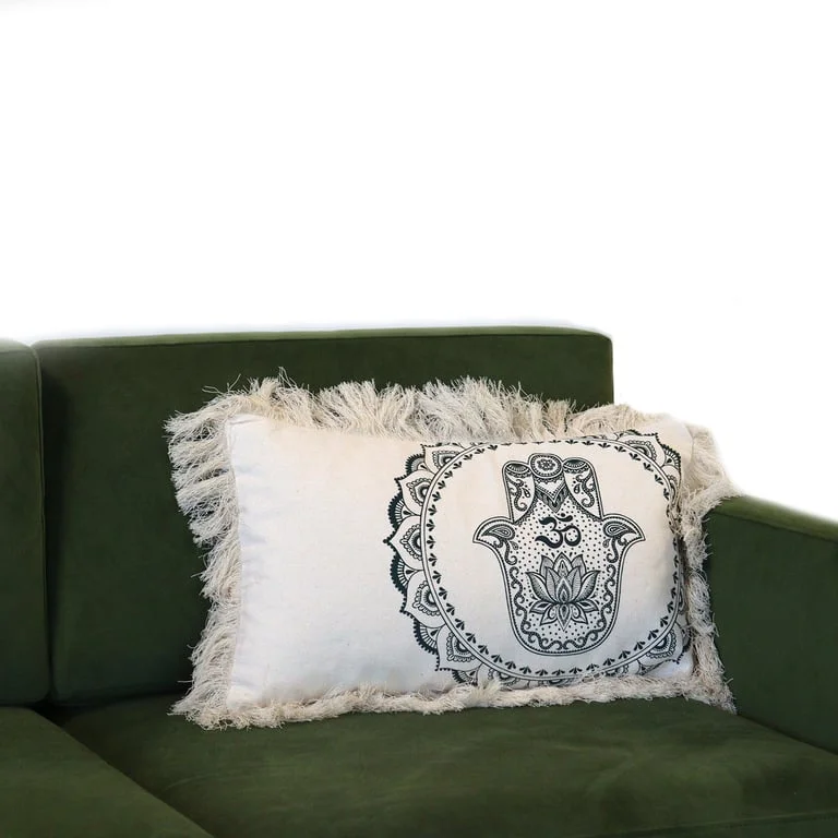 Green decorative cushion cover featuring a Hamsa Mandala pattern, measuring 30x50cm.