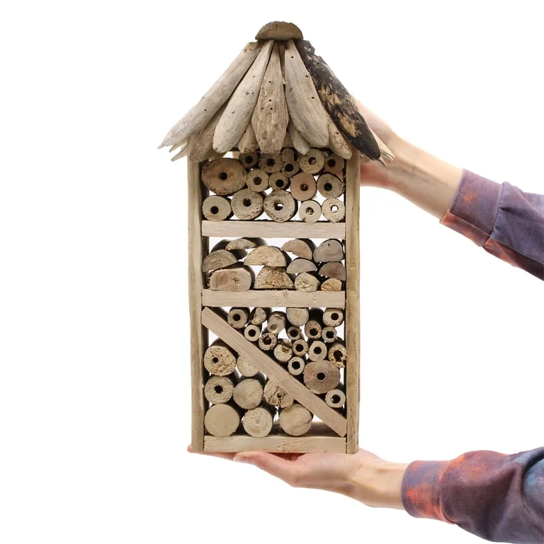 Wooden insect box with driftwood bee and insect design, featuring a highrise structure of driftwood elements