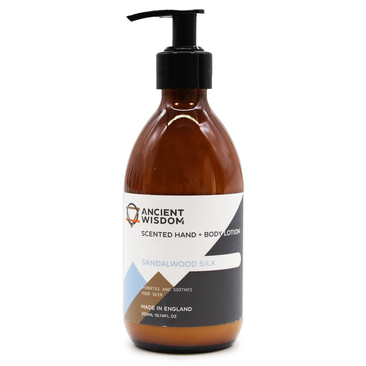 Bottle of Sandalwood Silk moisturising body lotion 300ml with creamy texture on a white background
