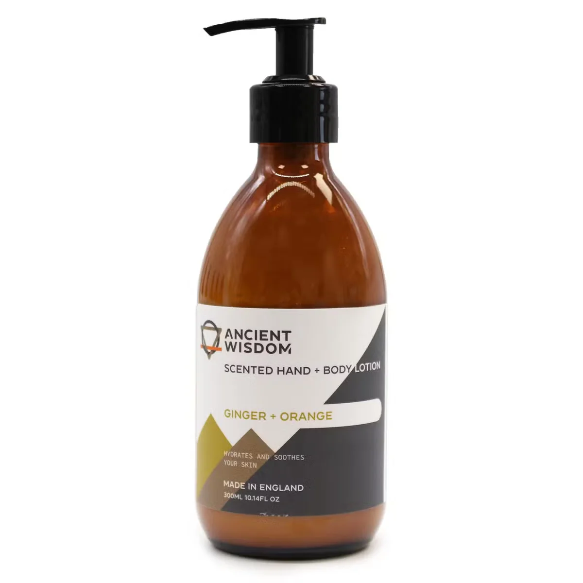 Bottle of ginger and orange body lotion 300ml with orange cap on white background