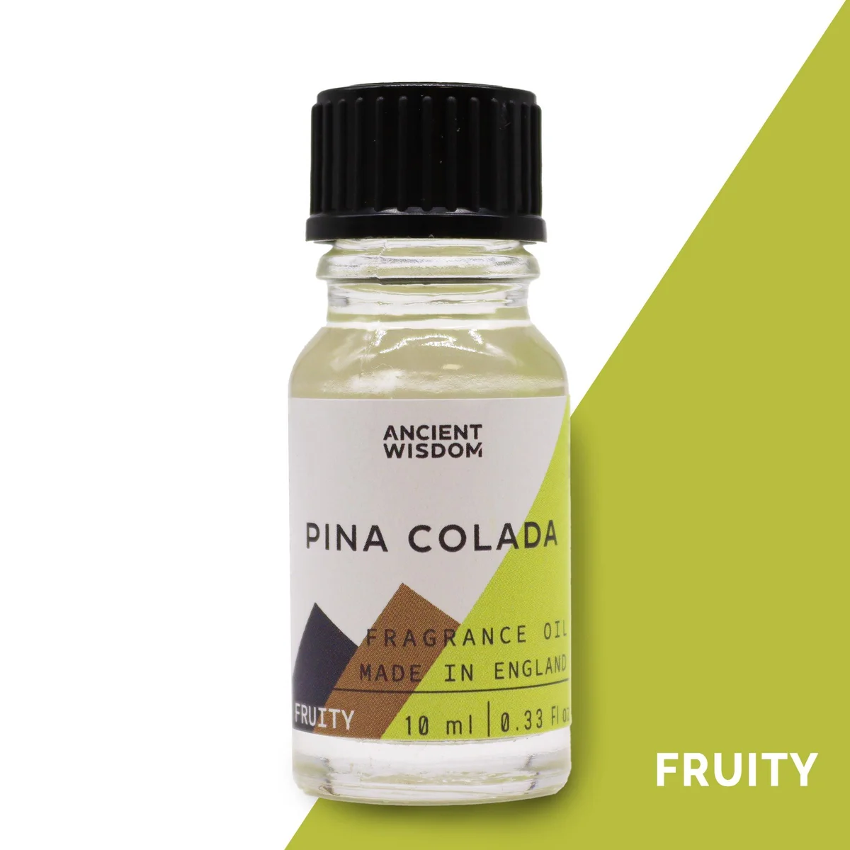 Small 10ml bottle of Pinacolada fragrance oil with white label and black cap on plain background
