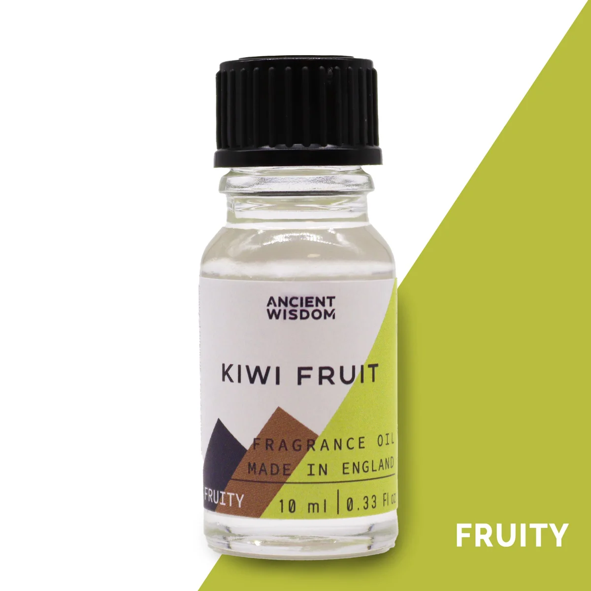 Small clear bottle of kiwi fruit 10ml fragrance oil with green label on white background