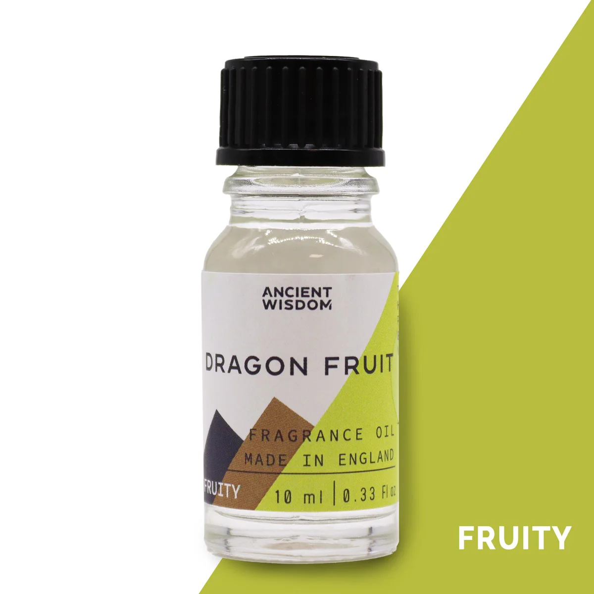 Small 10ml bottle of dragon fruit fragrance oil with white label on plain background