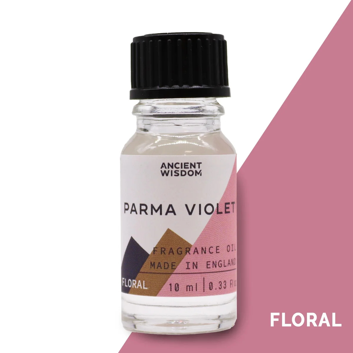 Small 10ml bottle of Parma Violet aromatherapy fragrance oil with purple label on white background