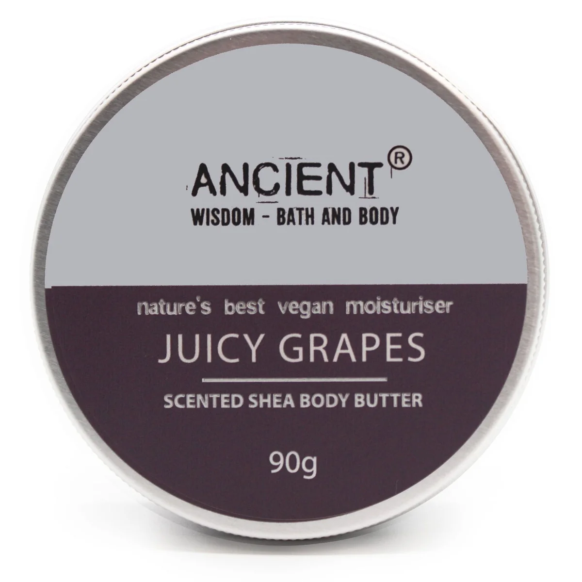 90g jar of juicy grapes scented shea body butter with purple label on white background