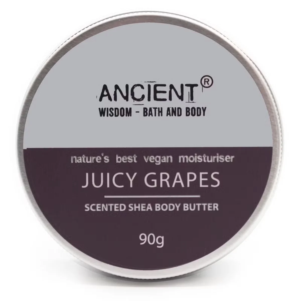 Open 90g jar of juicy grapes scented moisturising shea butter body butter with creamy texture on white background