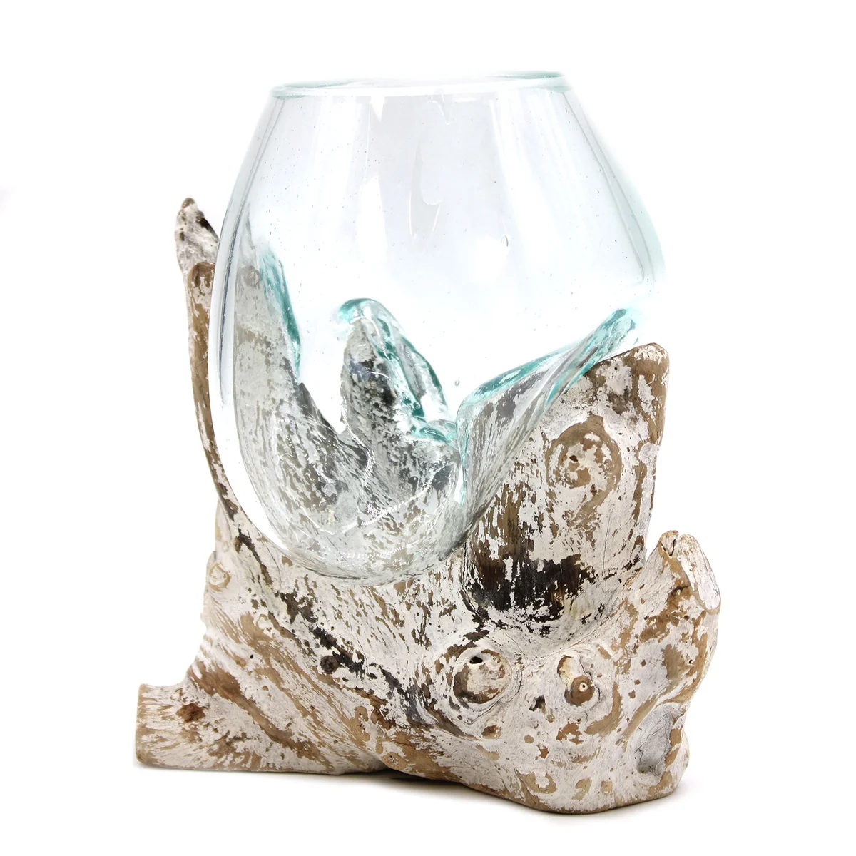 Medium bowl featuring molten glass set on a whitewash wood bowl, showcasing natural textures and smooth glass finish
