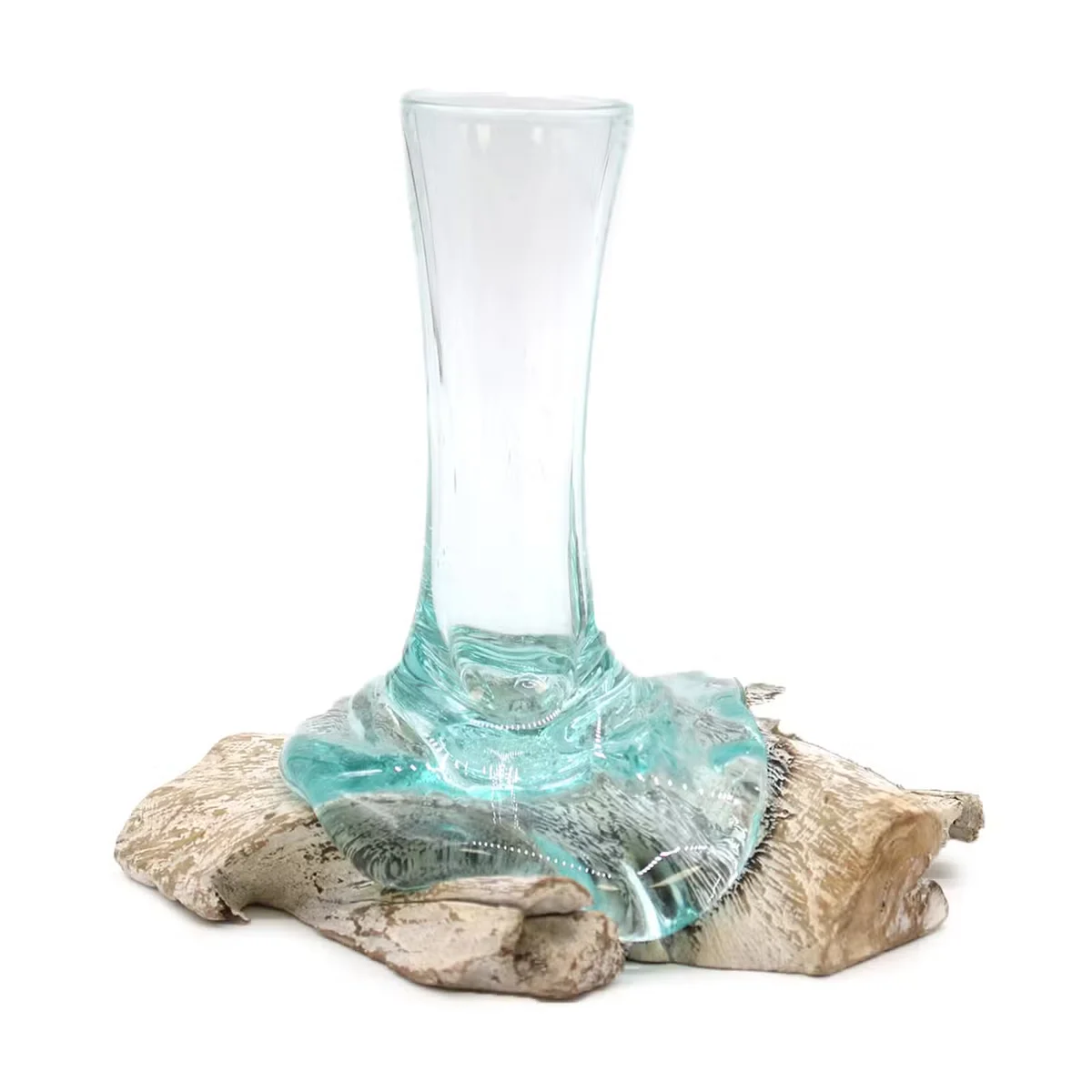 Decorative small vase made of molten glass on whitewash wood base displayed on neutral background