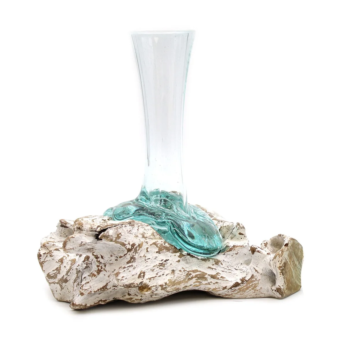Medium molten glass vase on whitewash wooden base against plain background