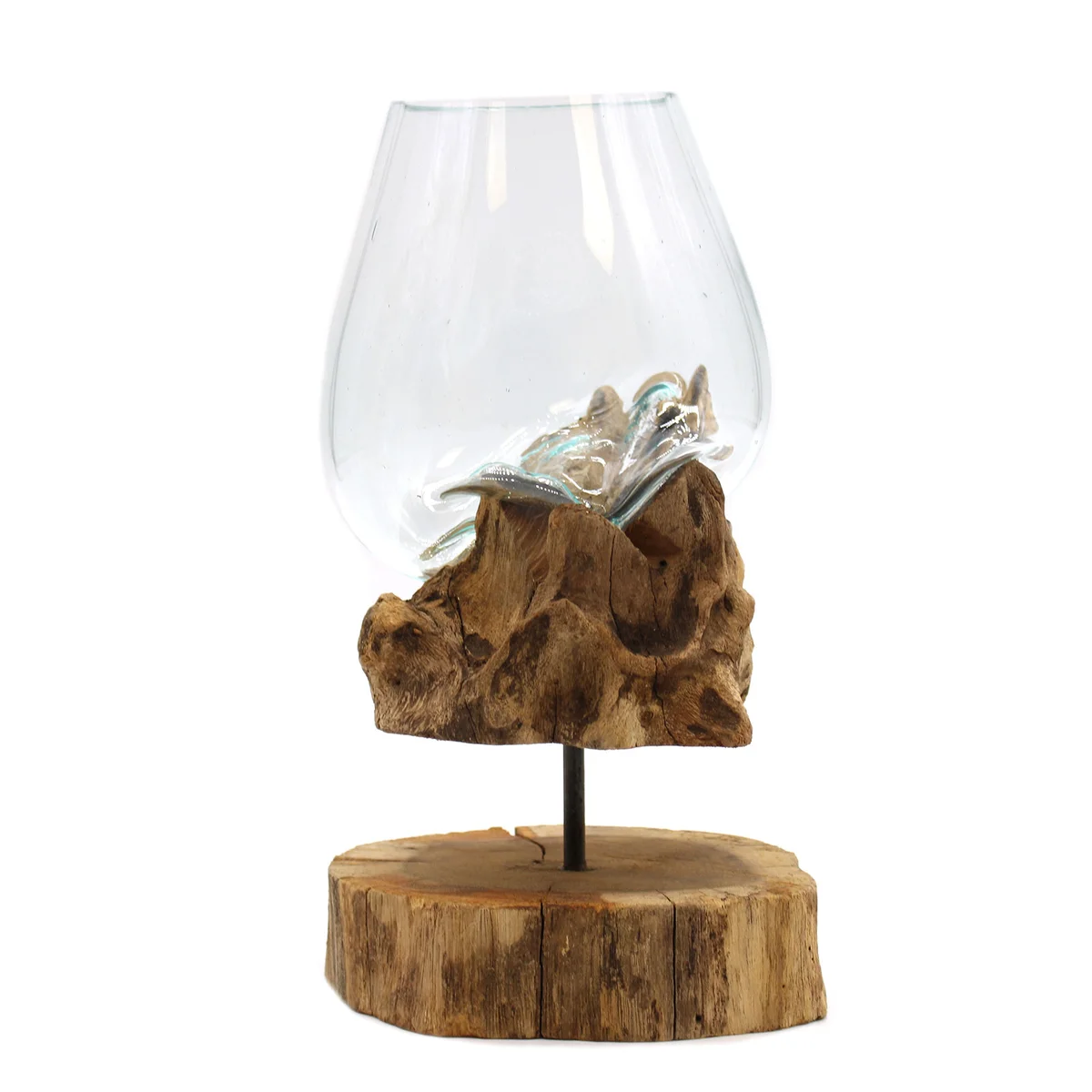 Large molten glass bowl with wooden stand, showcasing a handcrafted glass bowl with stand on display