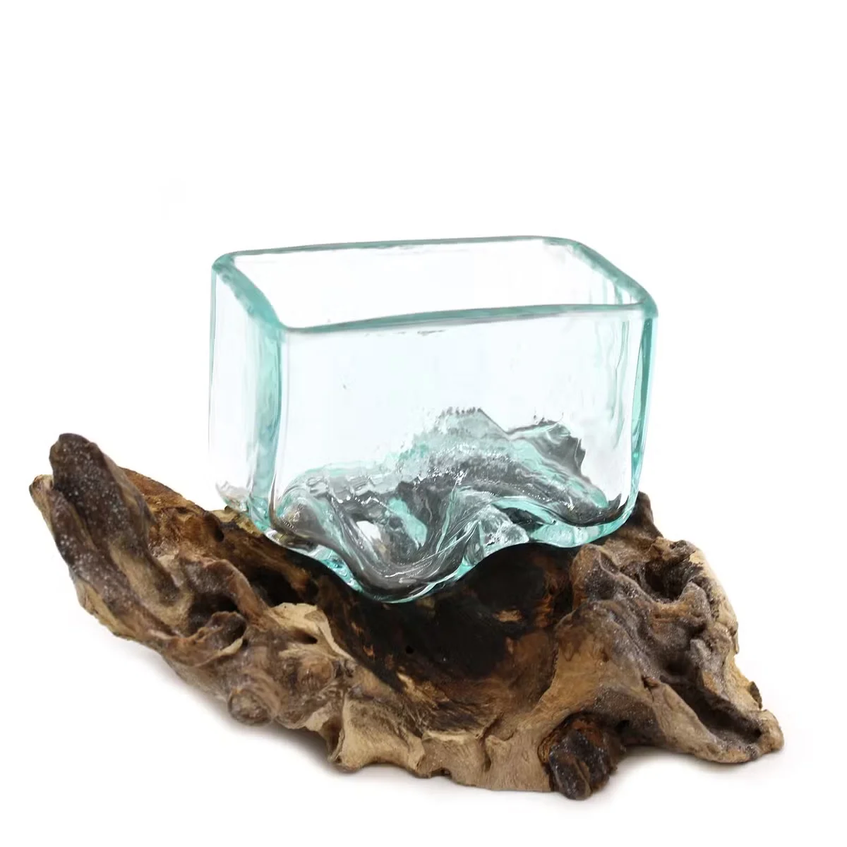 Small decorative glass tank with molten glass design on a wooden stand, small bowl shape displayed on white background