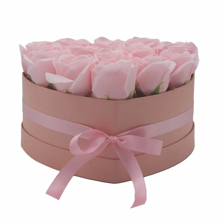 13 pink roses arranged in a heart-shaped pink rose bouquet