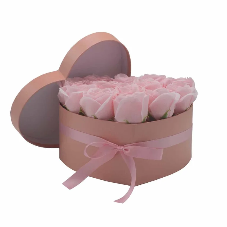 A bouquet of 13 pink soap roses arranged in a heart shape, decorative soap flowers