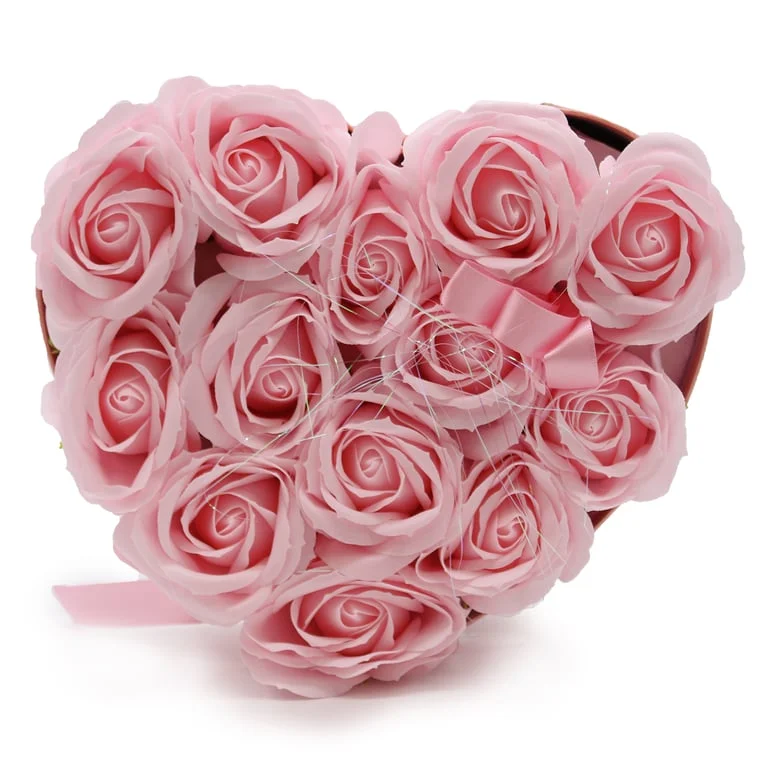 Soap flower bouquet featuring 13 pink roses arranged in a heart shape