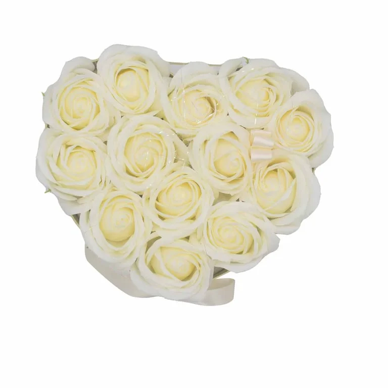 13 cream rose-shaped gift soap roses arranged in a heart-shaped bouquet.