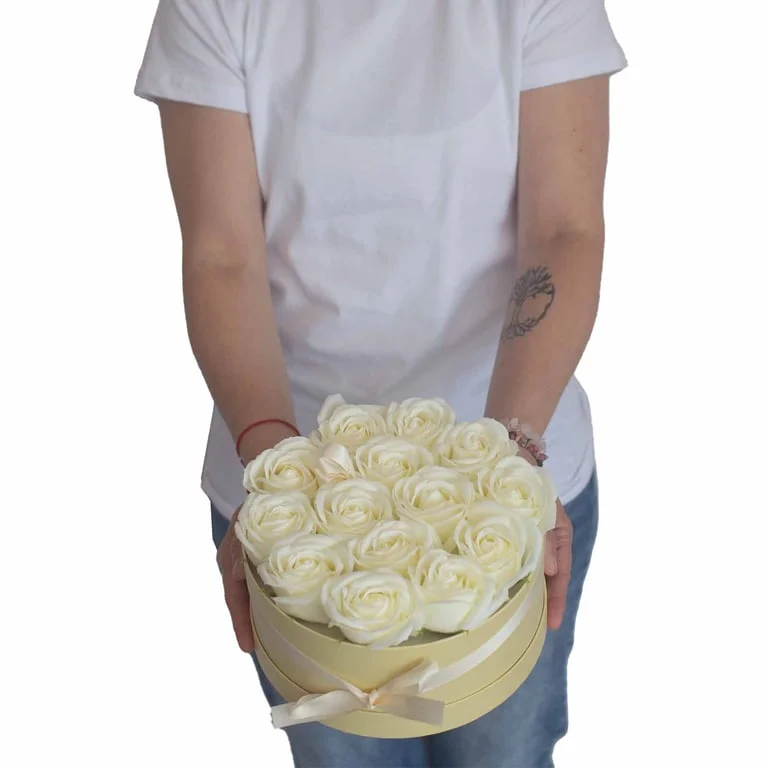 Cream soap roses arranged in heart shape, a flower bouquet gift.