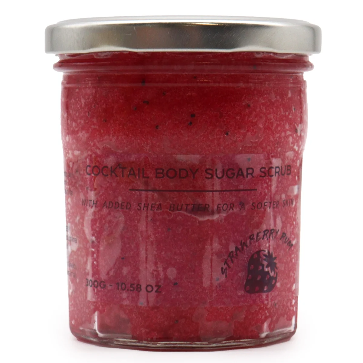 Bottle of fragrant strawberry rum sugar body exfoliating scrub, 300g, in a glass jar with sweet scent label.