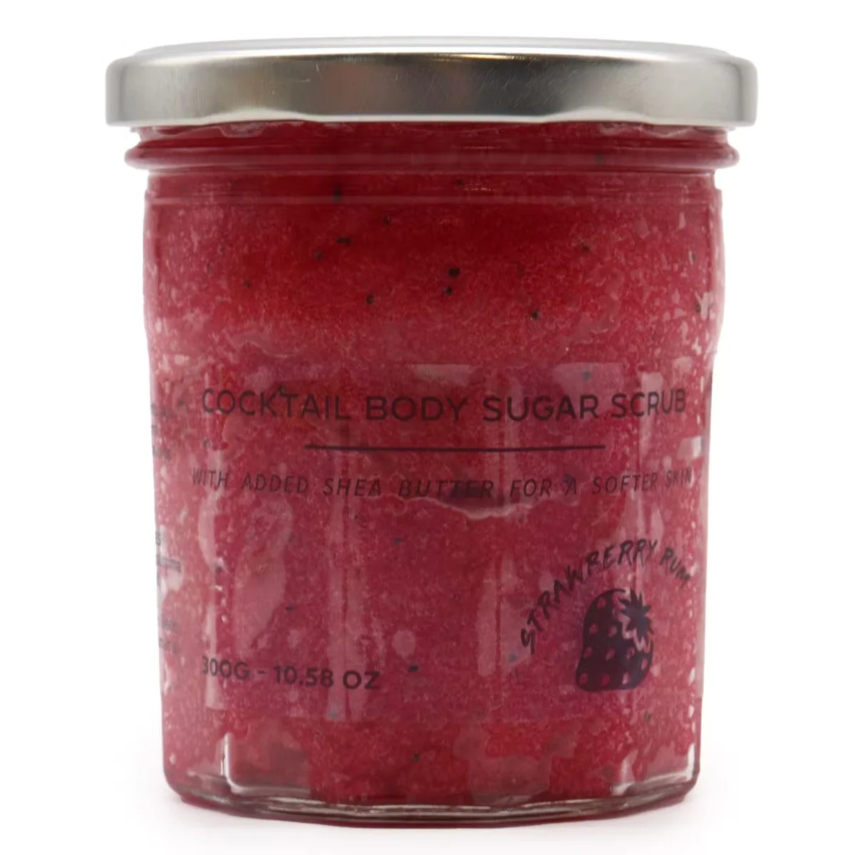 Bottle of 300g strawberry scented scrub with sugar body scrub, strawberry rum fragrance