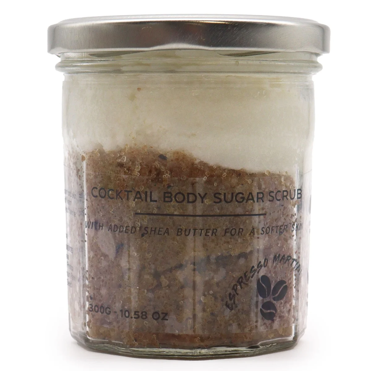 Fragranced sugar body scrub in espresso martini body scrub, 300 g jar.