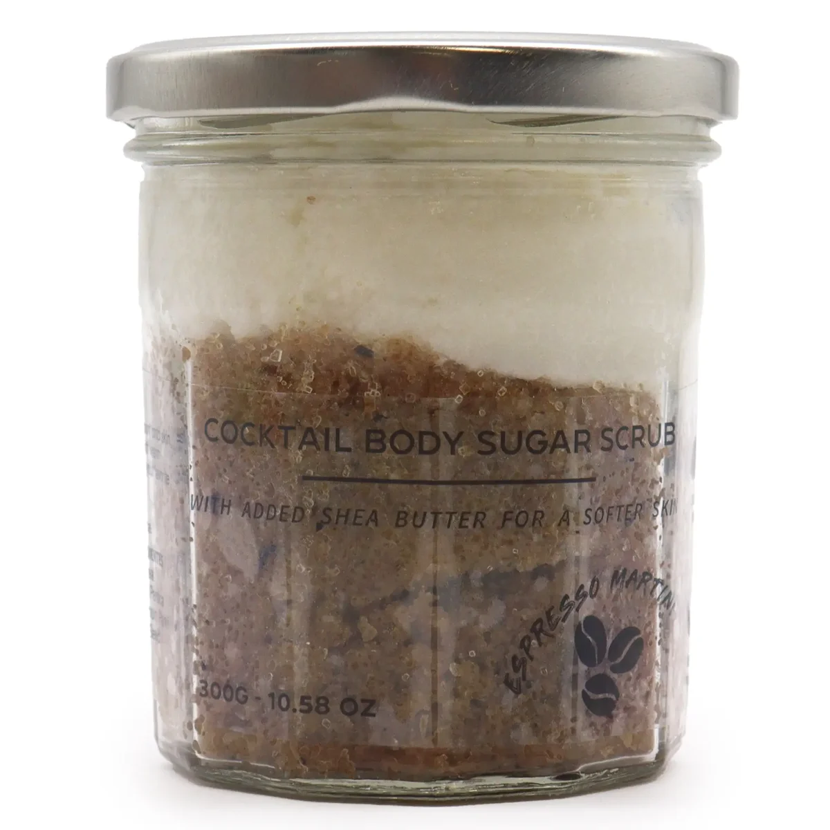 Fragranced sugar body scrub bottle with Espresso Martini label, 300g.