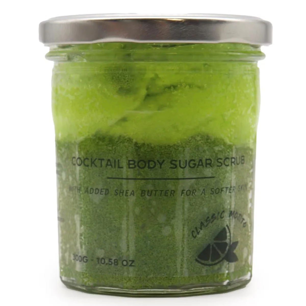 Jar of scented sugar exfoliating body scrub in classic mojito fragrance, 300g.