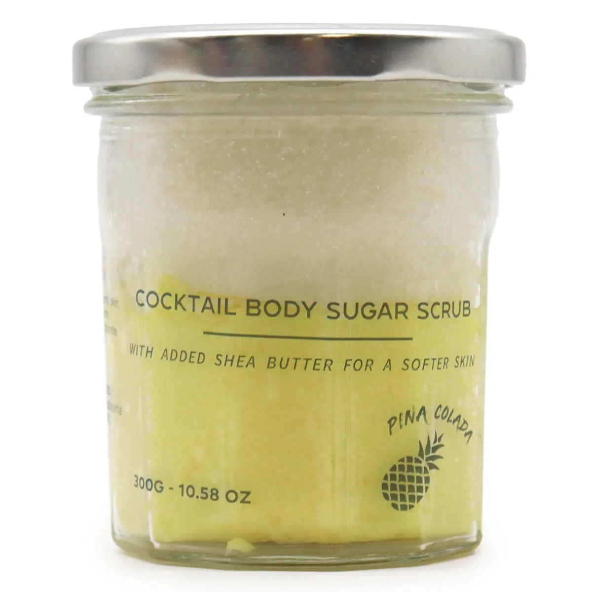 Glass jar of pinacolada body scrub with translucent pink sugar crystals, label reads 300g.