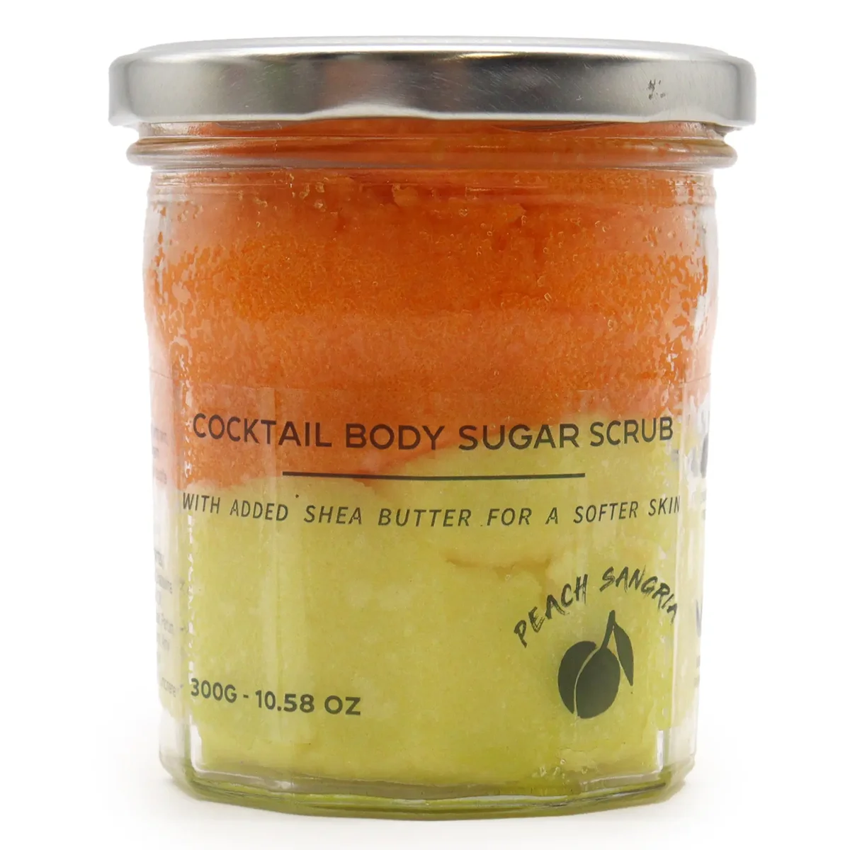 Fragranced sugar body scrub in peach sangria jar.
