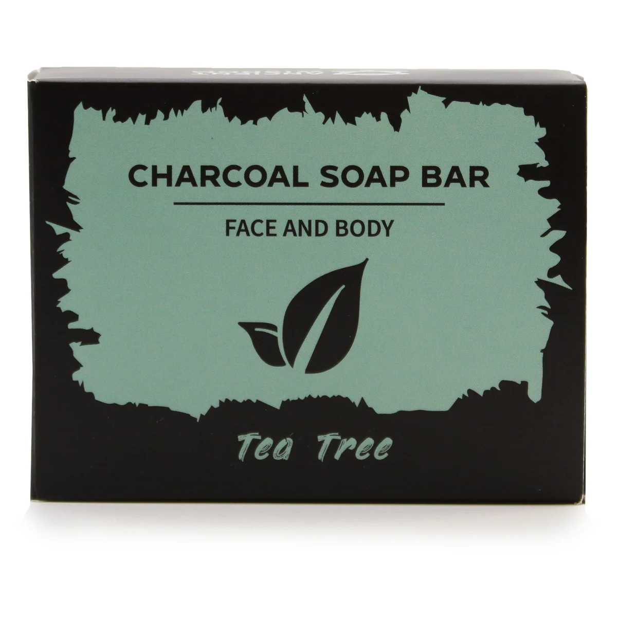 Charcoal tea tree soap bar wrapped in foil, 85g bottle label visible.