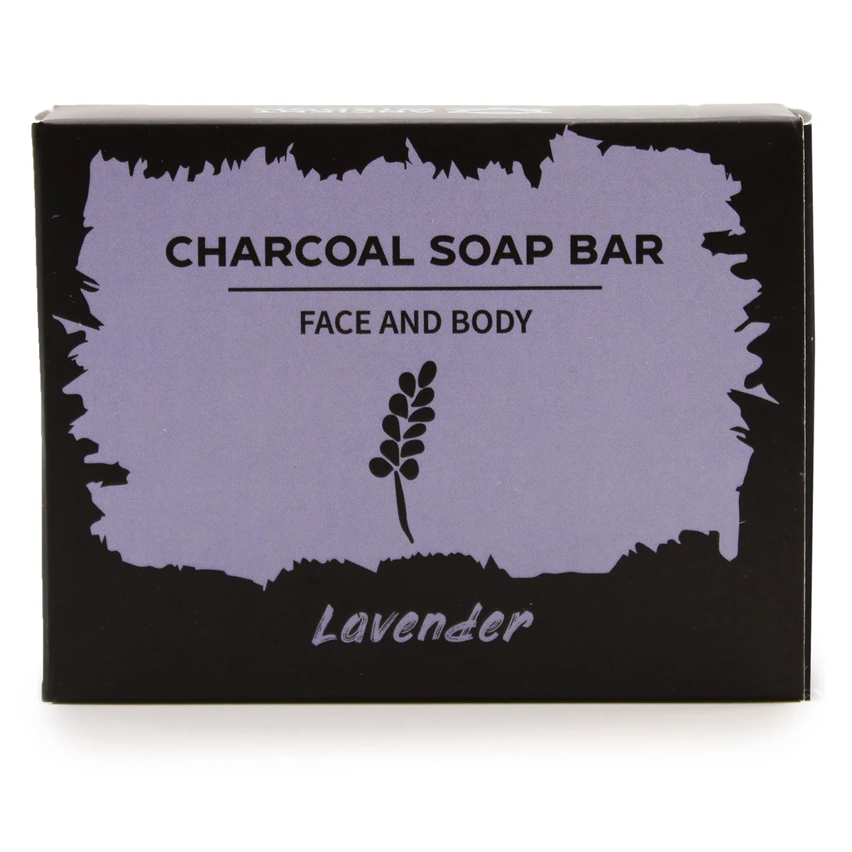 Black charcoal soap bar with lavender scent, labelled 85g, shown against a neutral background.