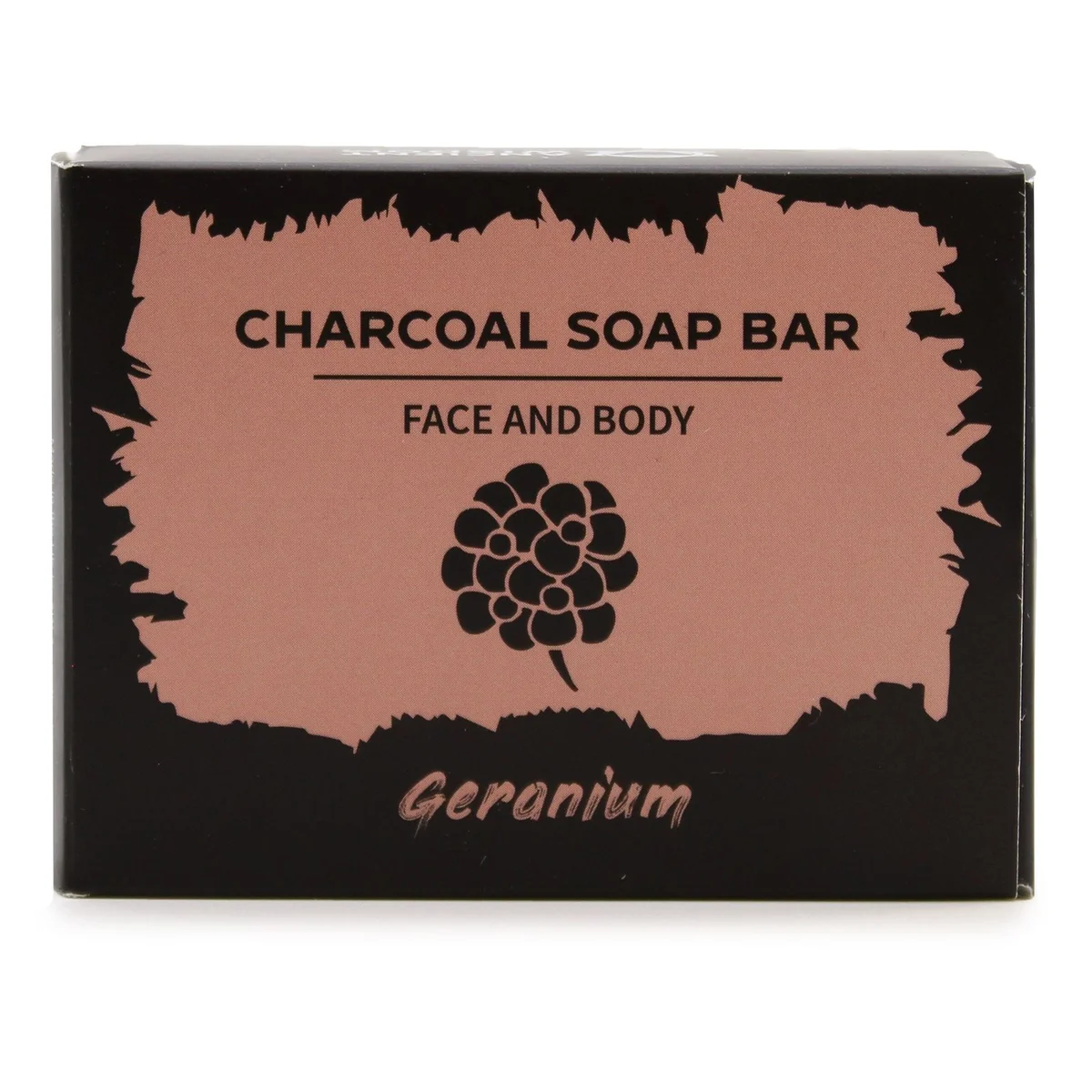 Charcoal soap geranium in a dark brown bar, showing a textured surface and subtle green ribbon.