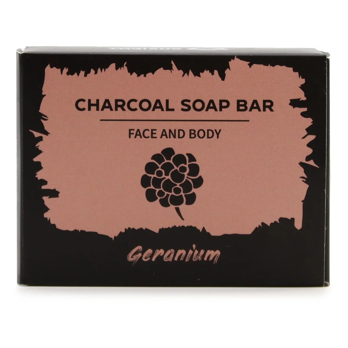 Natural charcoal soap bar, charcoal grey, 85g with geranium scent labeling.