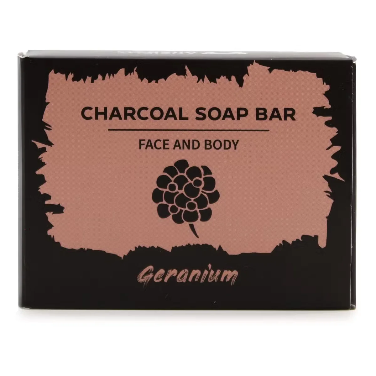 Bath and body soap charcoal 85g with geranium scent, dark charcoal bar on green label.