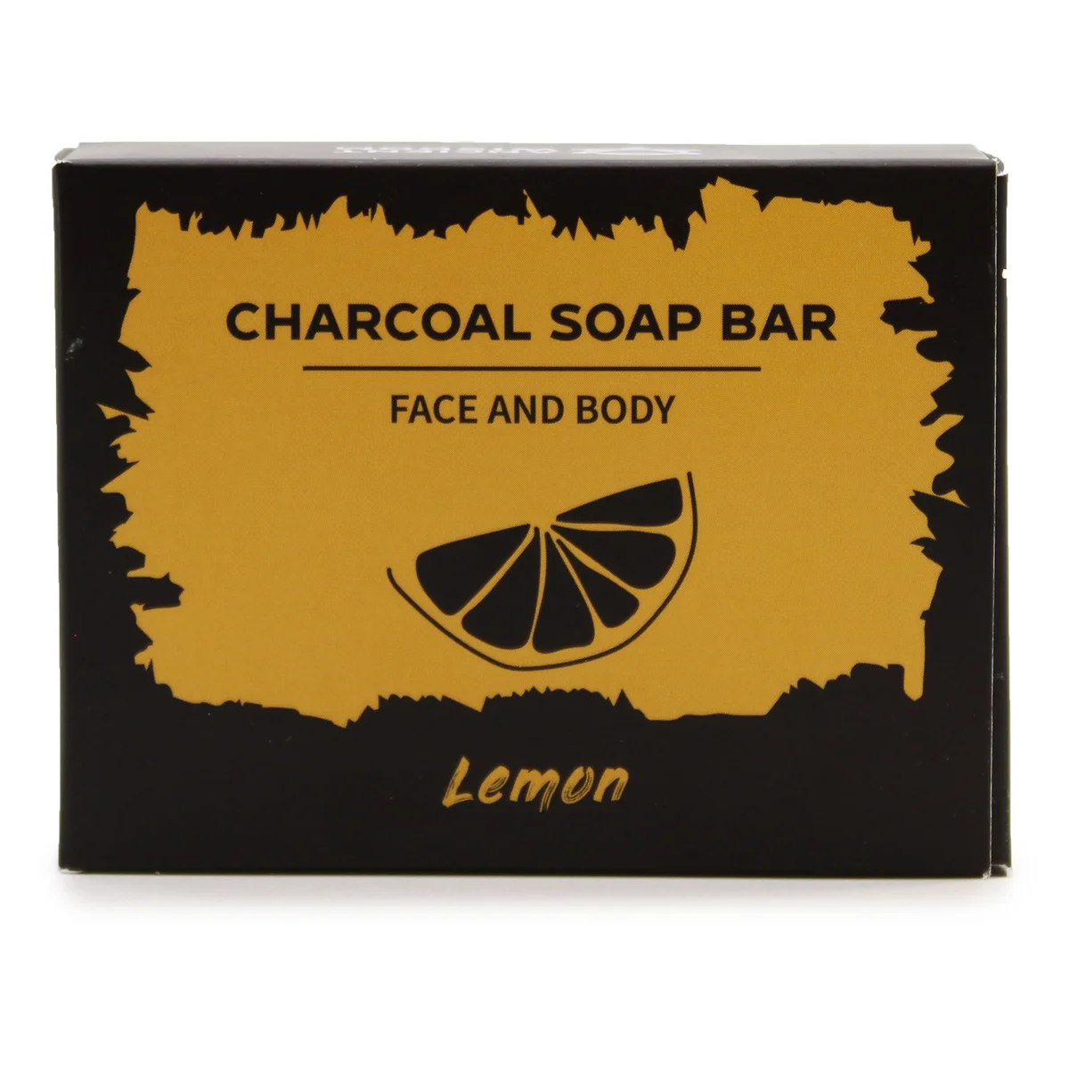Charcoal cleansing soap 85g in lemon, sleek black bar with bright yellow trim