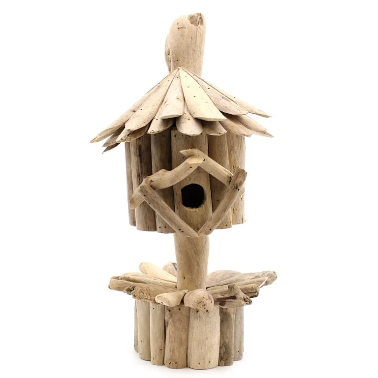 Stunning driftwood birdbox on stand, natural wood texture.