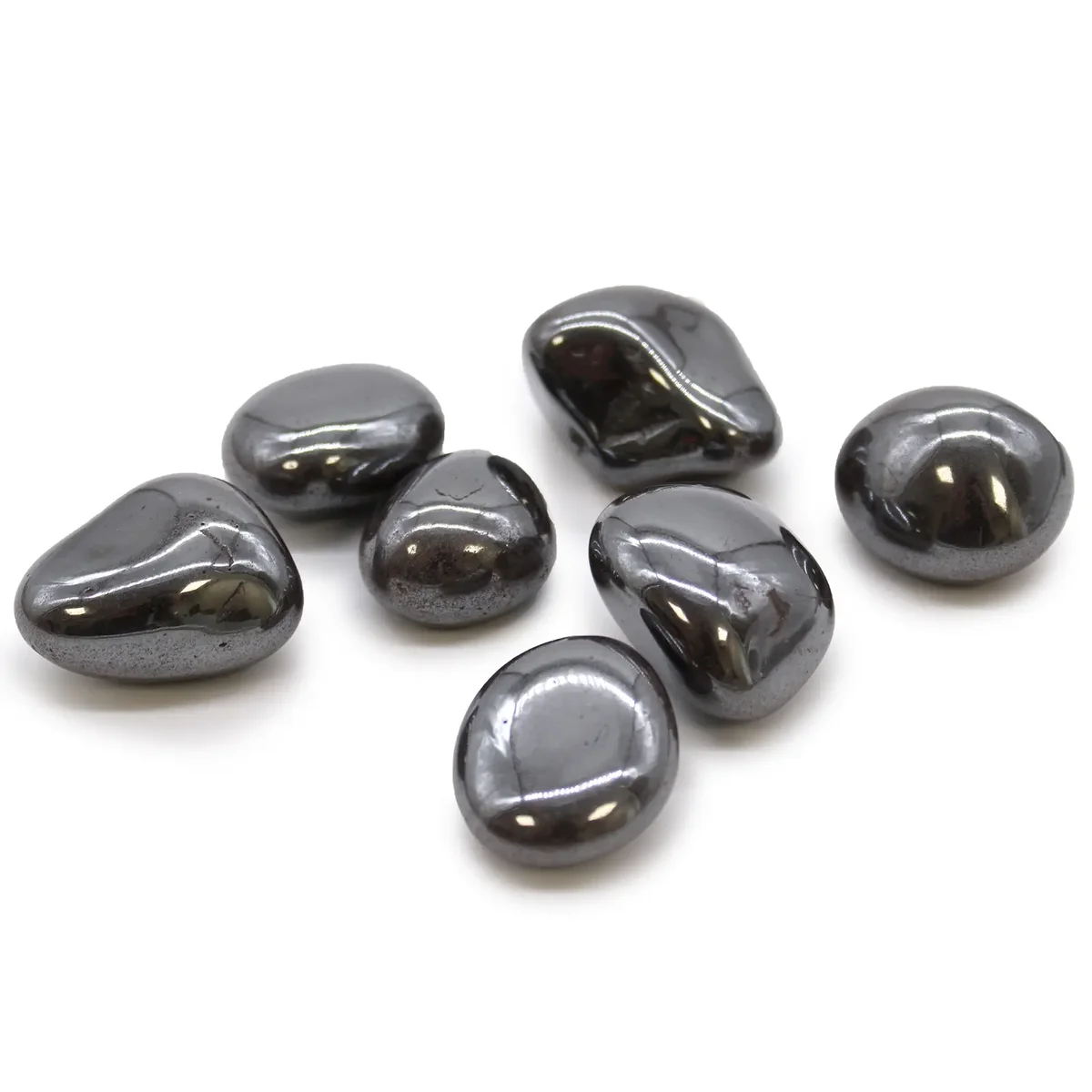 XL tumble stones in dark hematite, showing smooth, matte pieces